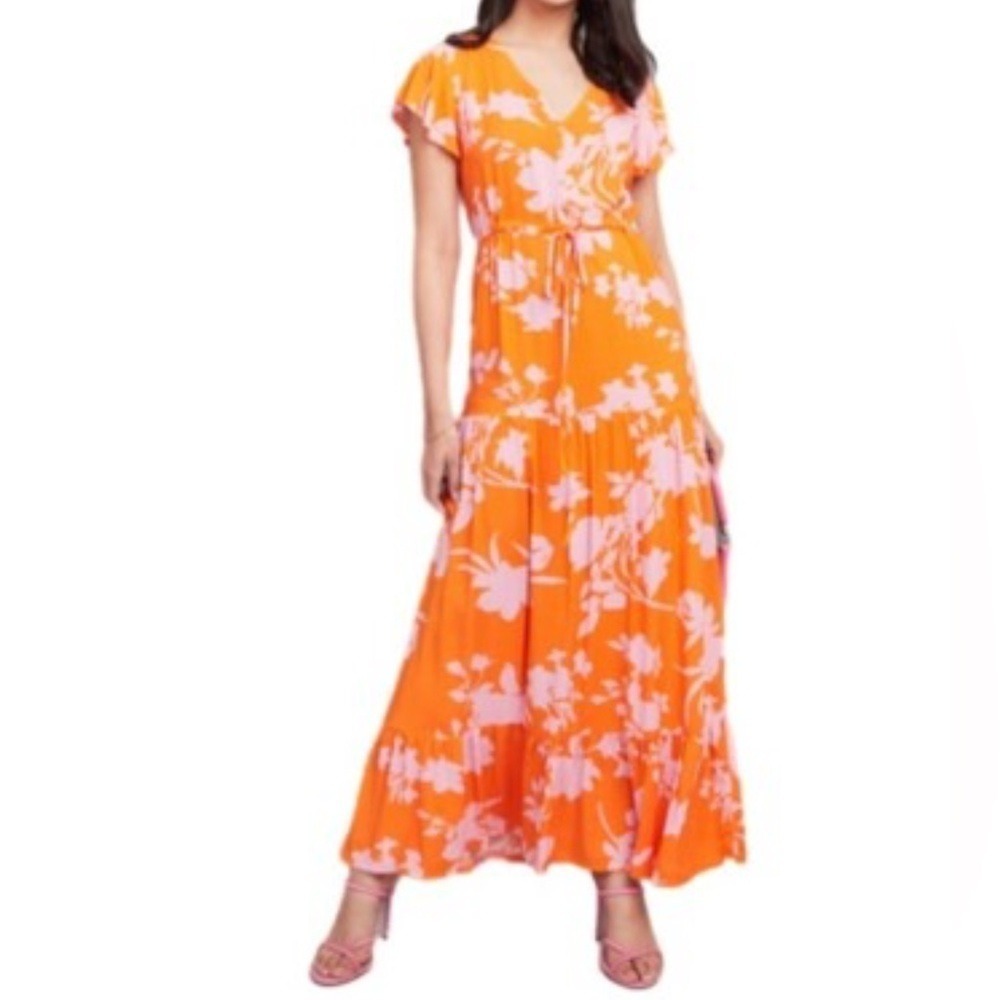 C+D+M Collection Orange Pink Floral Tiered Maxi Dress Flutter Sleeve Small